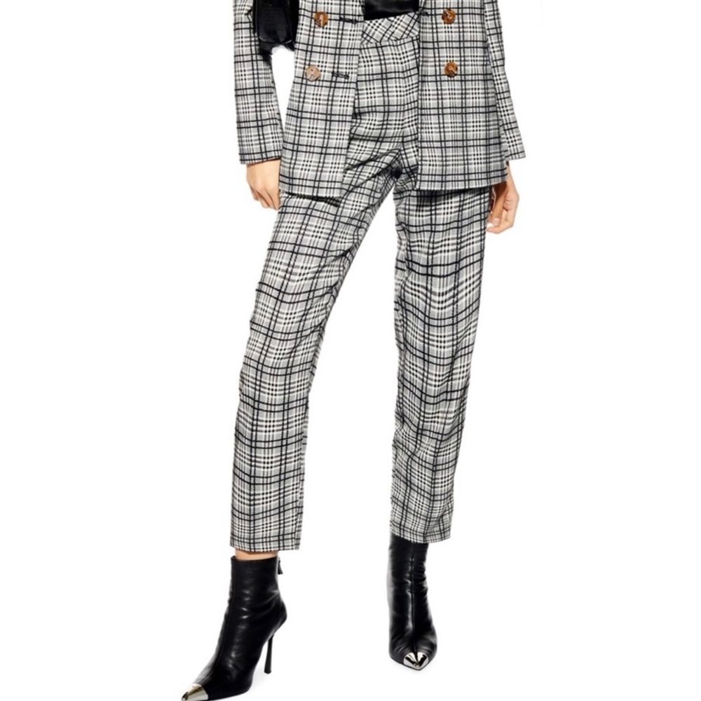 NEW TOPSHOP CHECK PRINT HIGH-WAISTED CIGAR PANTS